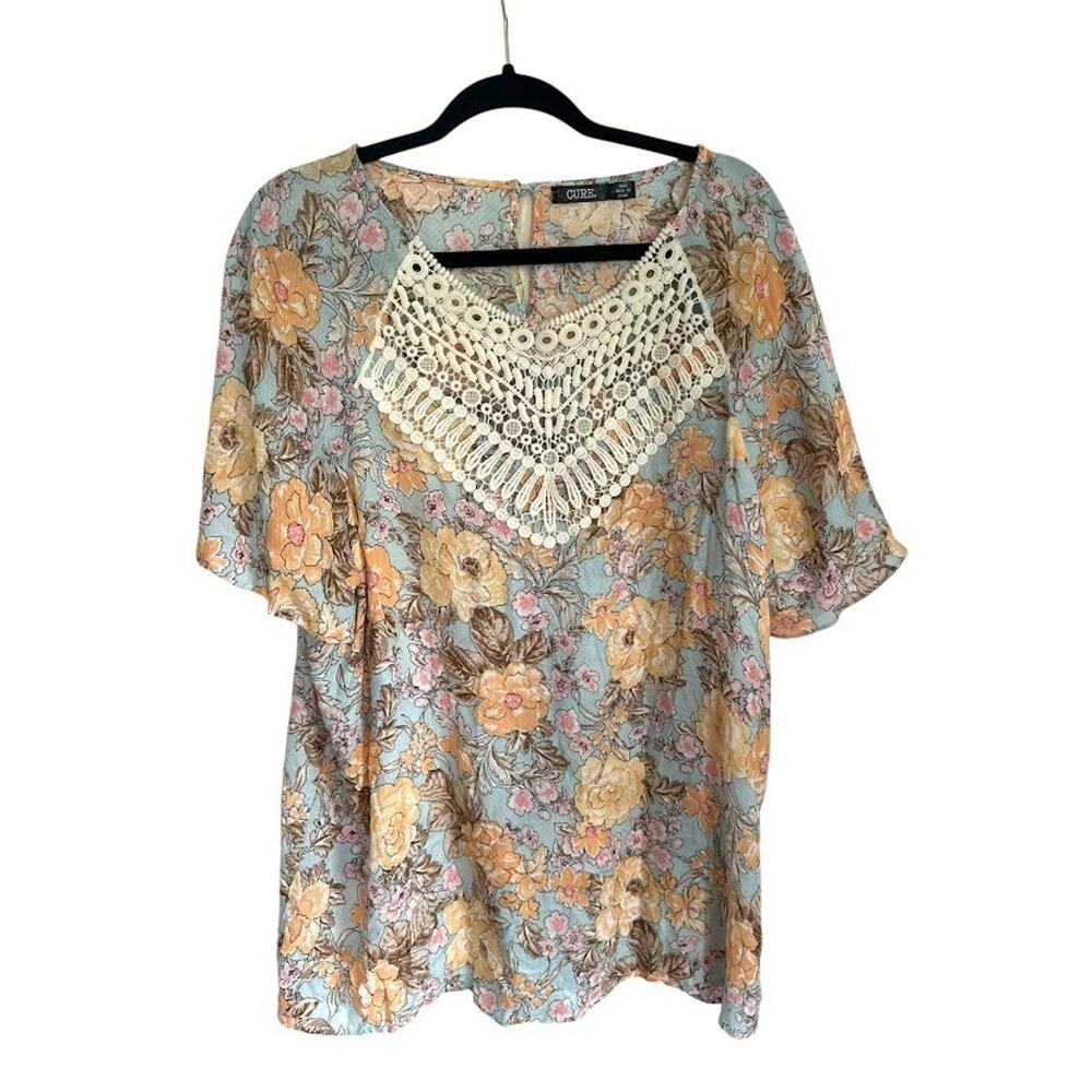 Cure Floral Shirt Top Womens Plus Size‎ 2XL Blue Short Sleeve Cottagecore Flowy